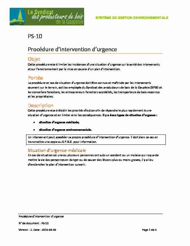 [PDF] PS-10 Procédure dintervention durgence