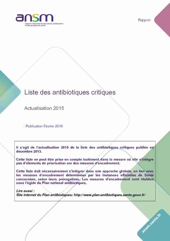 Liste des antibiotiques critiques - Actualisation 2015