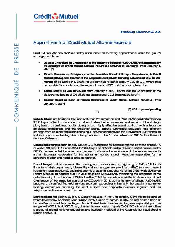 Appointments at Crédit Mutuel Alliance Fédérale