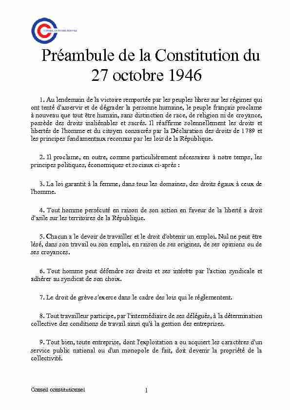 Préambule de la Constitution du 27 octobre 1946