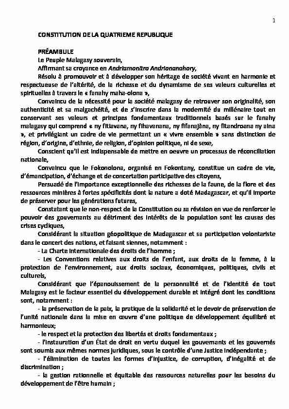 CONSTITUTION DE LA QUATRIEME REPUBLIQUE PRÉAMBULE