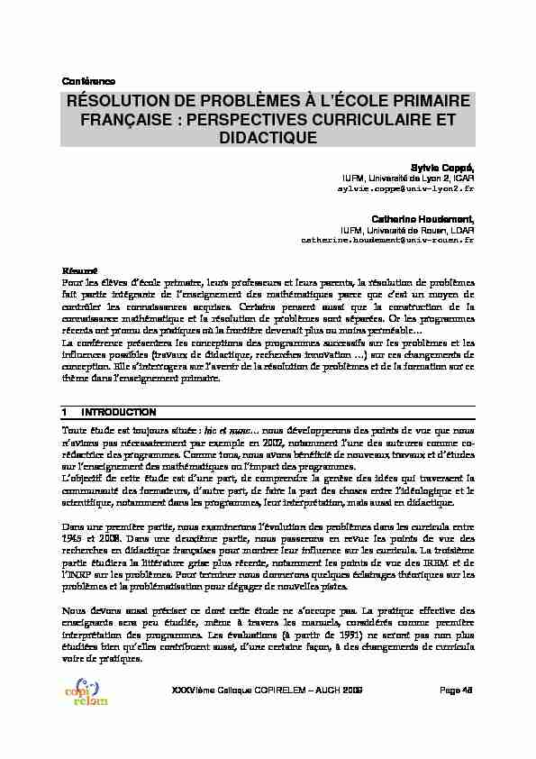 [PDF] RÉSOLUTION DE PROBLÈMES À LÉCOLE PRIMAIRE FRANÇAISE