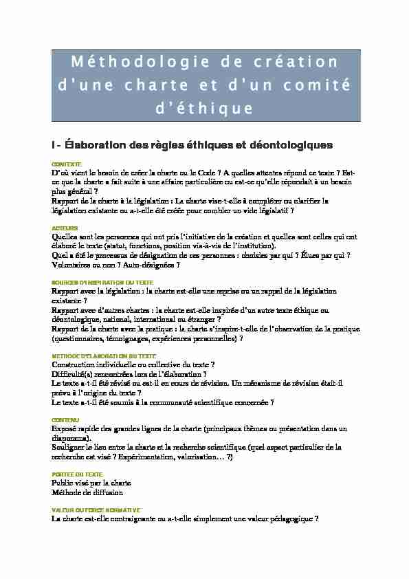 [PDF] Méthodologie de création dune charte et dun comité déthique