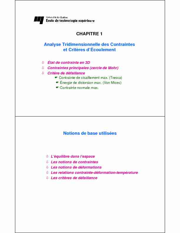 [PDF] CHAPITRE 1 Analyse Tridimensionnelle des Contraintes et Critères