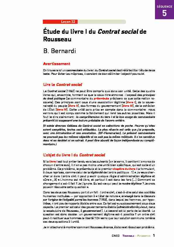 Étude du livre I du Contrat social de Rousseau B. Bernardi