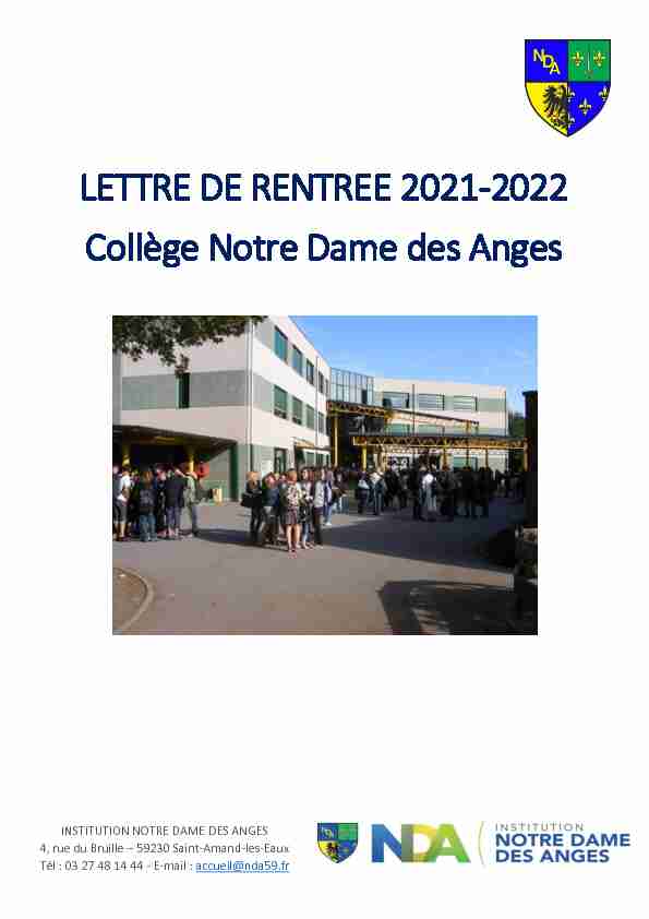 LETTRE DE RENTREE 2021-2022 Collège Notre Dame des Anges