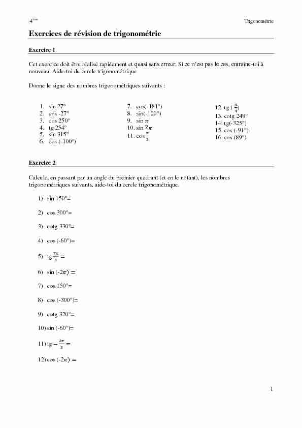 Exercices de révision de trigonométrie - Nanopdf