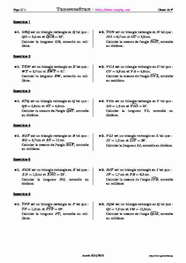 [PDF] Exercices à imprimer 4ème créés par Pyromaths - Trigonométrie