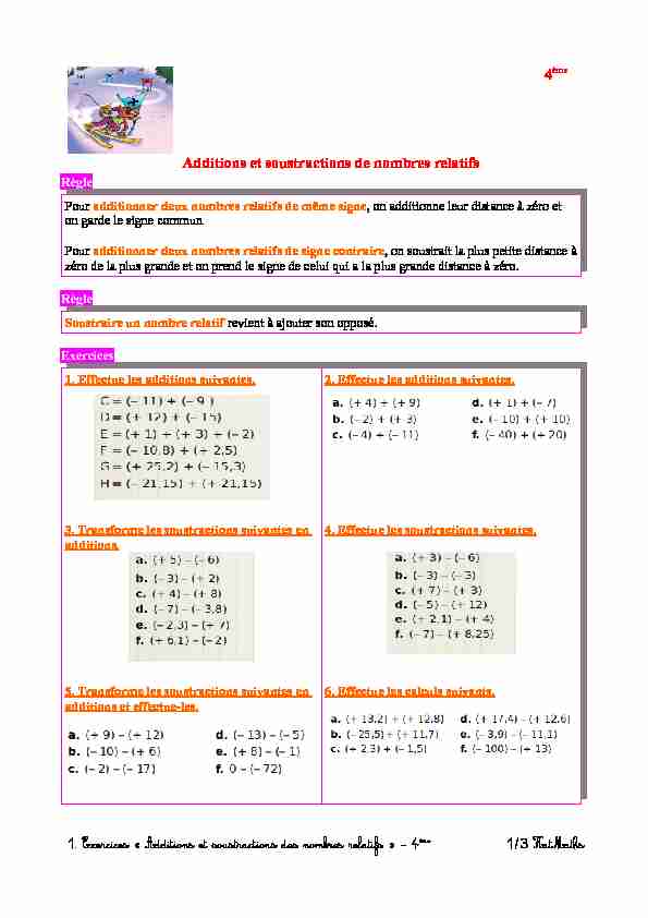 Additions et soustractions de nombres relatifs 4ème