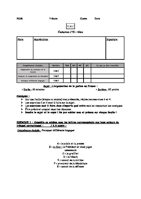 [PDF] NOM Prénom Classe Date EMC Évaluation n°10 – 4ème Note