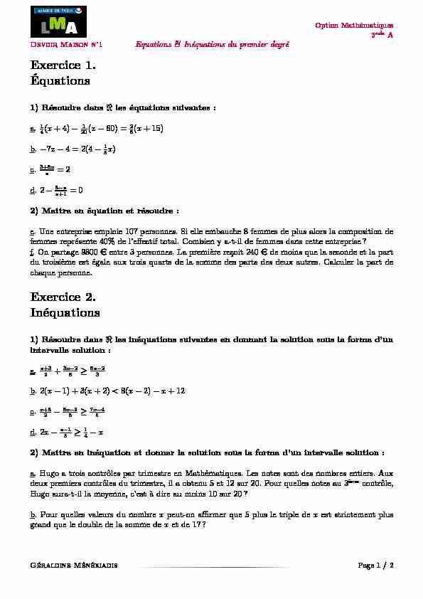 [PDF] Exercice 1 Équations Exercice 2 Inéquations - Lycée dAdultes