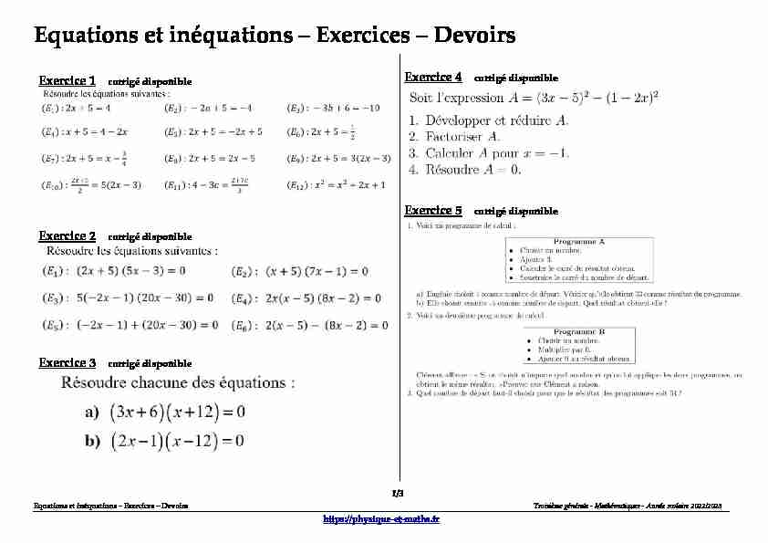 Troisième - Equations et inéquations - Exercices - Devoirs