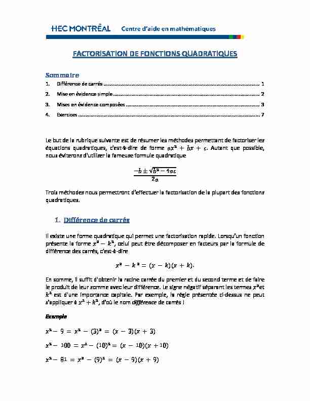 [PDF] FACTORISATION DE FONCTIONS QUADRATIQUES