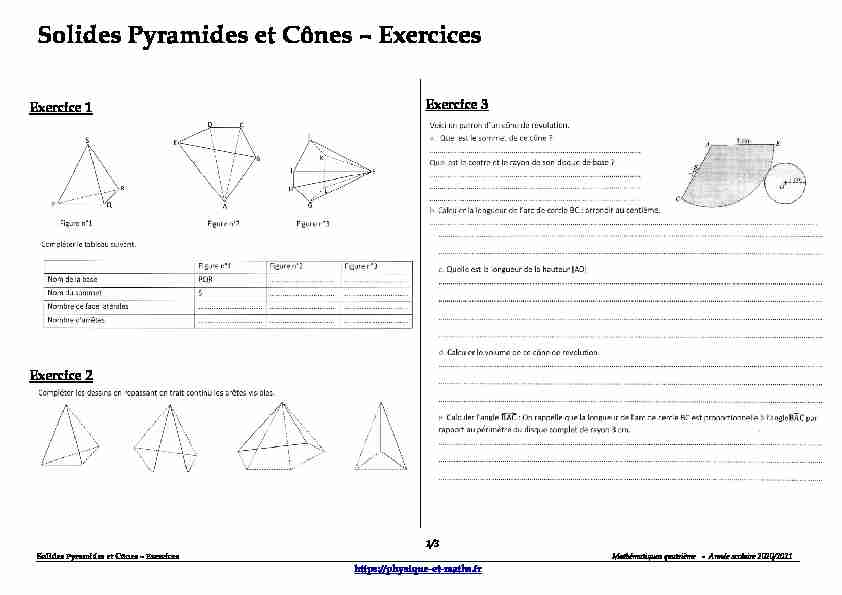 Quatrième - Solides Pyramides et Cônes - Exercices