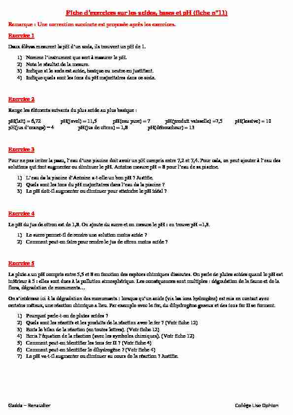[PDF] Fiche dexercices sur les acides bases et pH (fiche n°11)