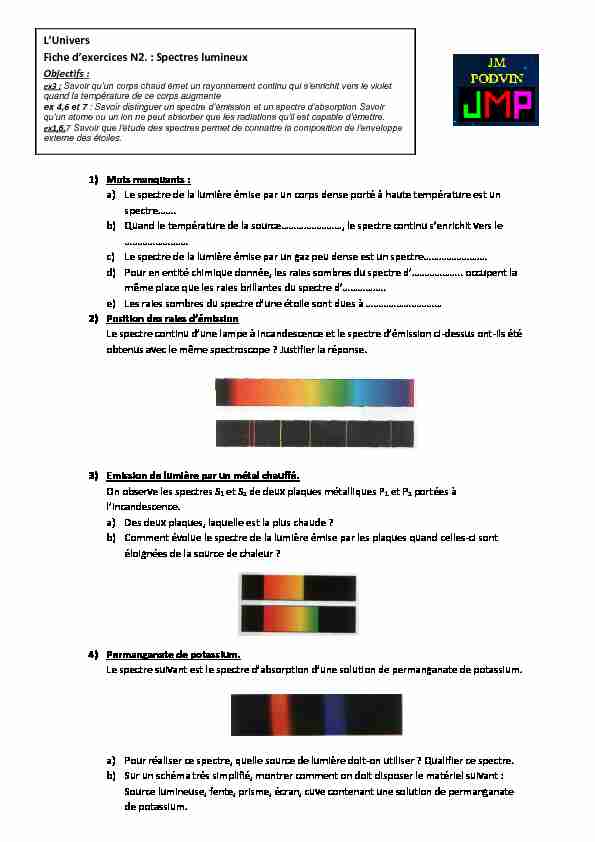 LUnivers Fiche dexercices N2. : Spectres lumineux - Objectifs