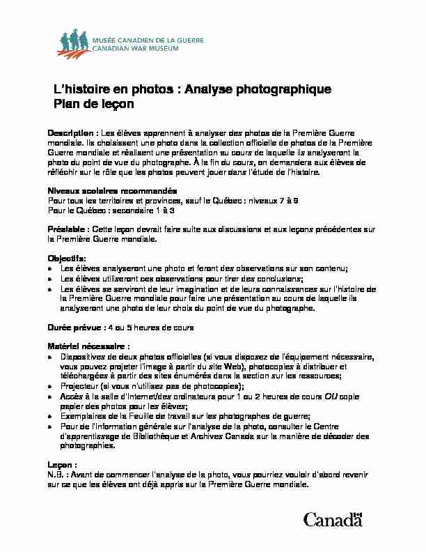 Lhistoire en photos : Analyse photographique Plan de leçon