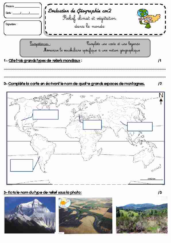 Evaluation de Géographie cm2 - Relief climat et végétation dans le