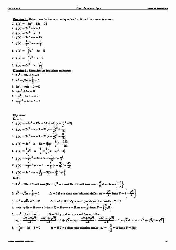 [PDF] Exercice 1 : Déterminer la forme canonique des fonctions trinomes
