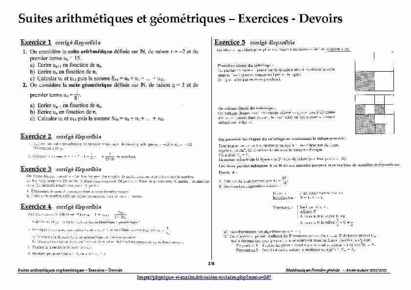 Première générale - Suites arithmétiques et géométriques - Devoirs