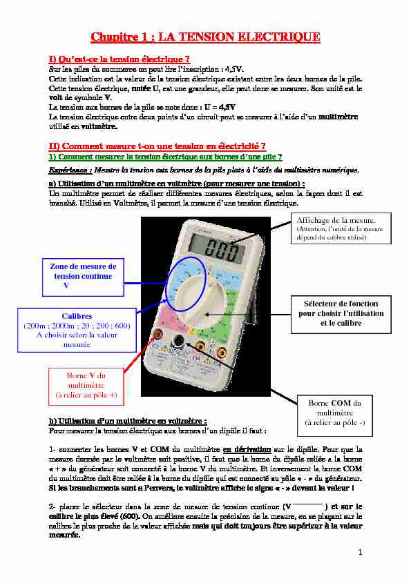 [PDF] Chapitre 1 : LA TENSION ELECTRIQUE