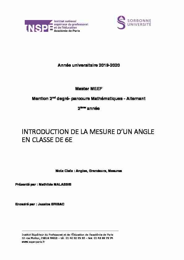 Introduction de la mesure dun angle en classe de 6e