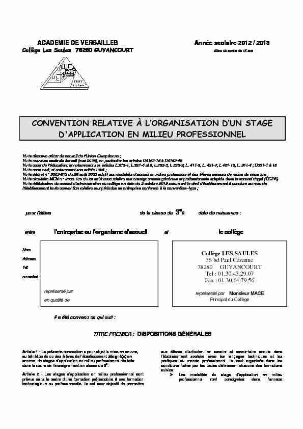 [PDF] CONVENTION RELATIVE À LORGANISATION DUN STAGE D