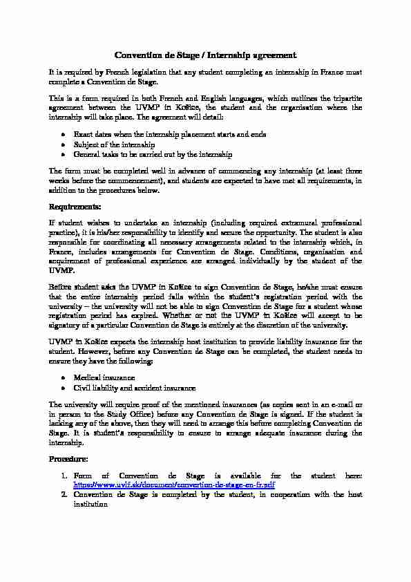 [PDF] Convention de Stage / Internship agreement - Košice - UVLF