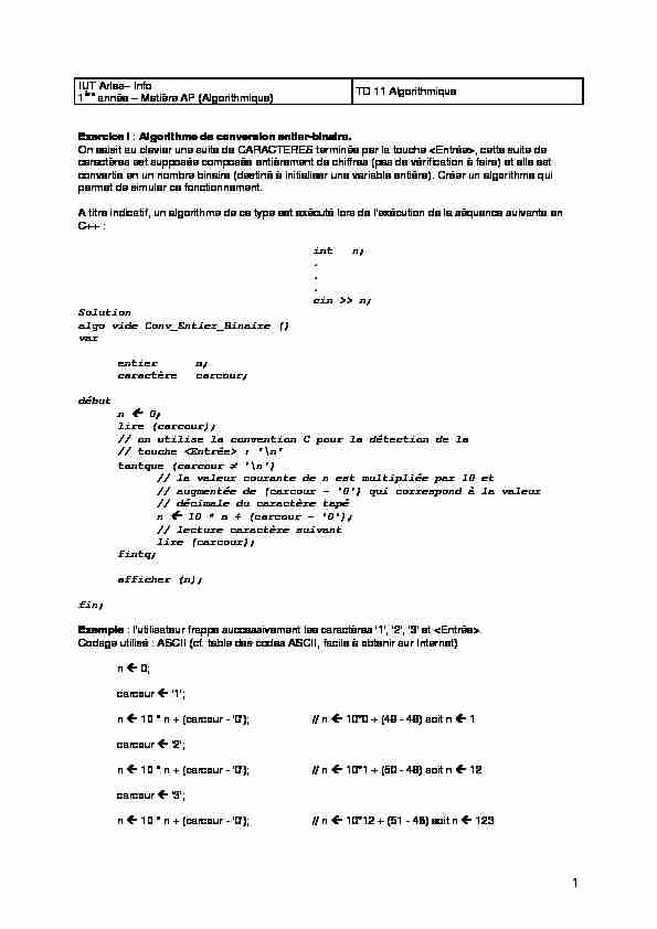 [PDF] Algorithme de conversion entier-binaire - CNRS