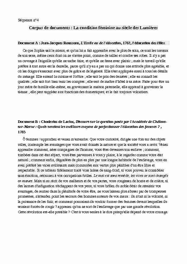 [PDF] Corpus de documents : La condition féminine au siècle des Lumières