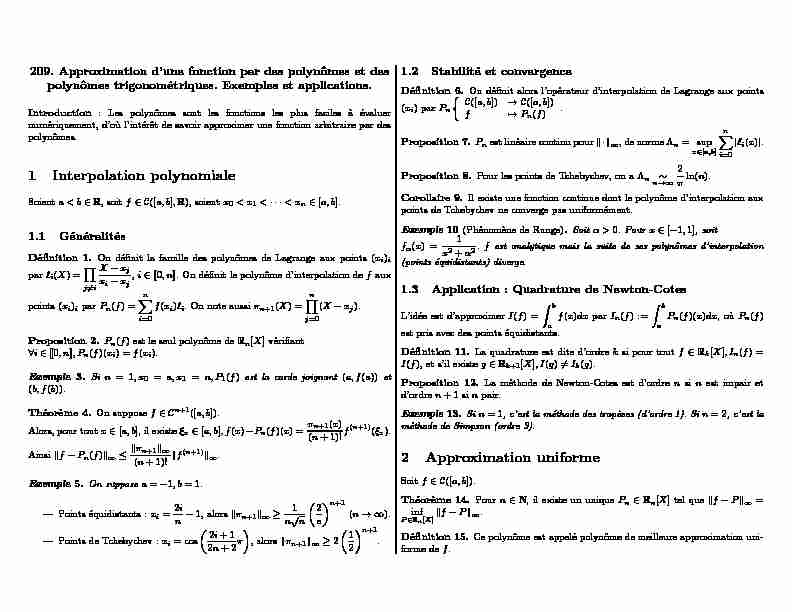 1 Interpolation polynomiale 2 Approximation uniforme