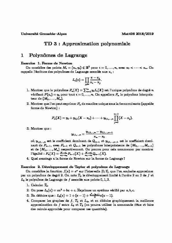 TD 3 : Approximation polynomiale 1 Polynômes de Lagrange