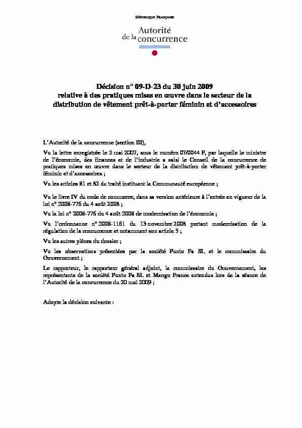 Décision n° 09-D-23 du 30 juin 2009 relative à des pratiques mises