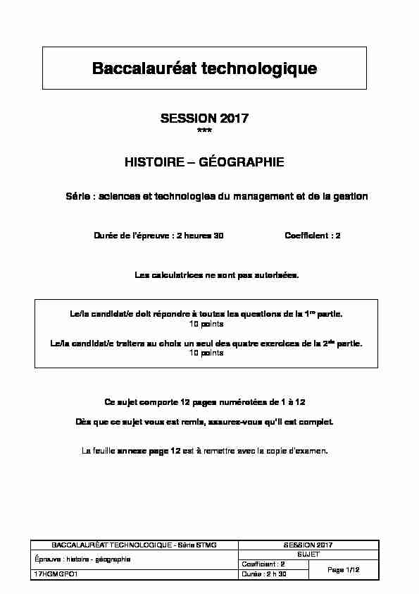 Sujet du bac STMG Histoire-Géographie 2017 - Polynésie