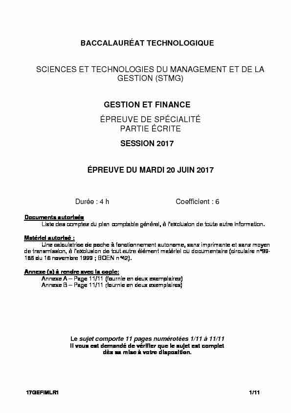 Sujet du bac STMG Gestion et Finance 2017 - Métropole