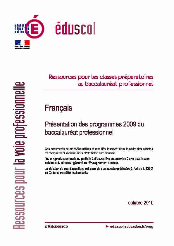 Français - Présentation des programmes 2009 du baccalauréat