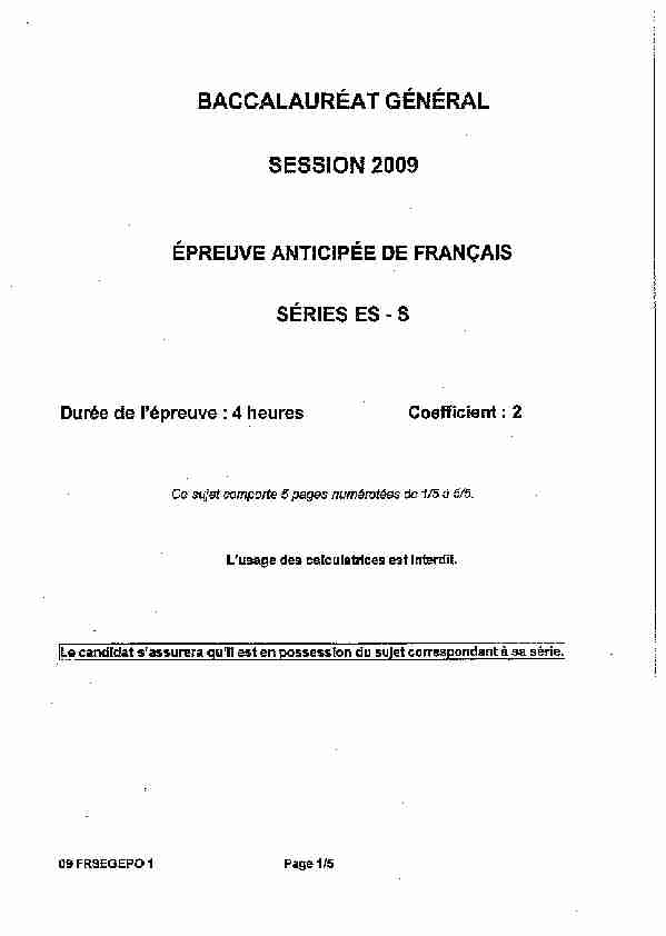 Sujet officiel complet du bac S-ES Français (1ère) 2009 - Polynésie