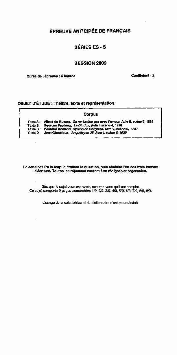 Sujet officiel complet du bac S-ES Français (1ère) 2009 - Am. du Nord