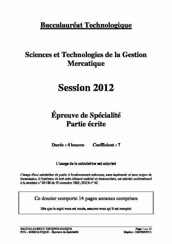 Sujet officiel complet du bac STG Mercatique (Marketing) 2012 - Nlle