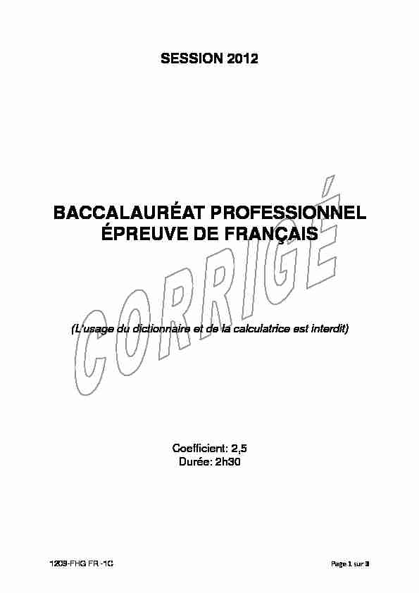 BACCALAURÉAT PROFESSIONNEL ÉPREUVE DE FRANÇAIS