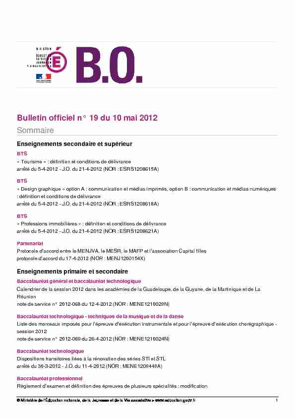 Bulletin officiel n° 19 du 10 mai 2012 Sommaire
