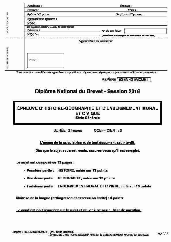 Diplôme National du Brevet - Session 2016