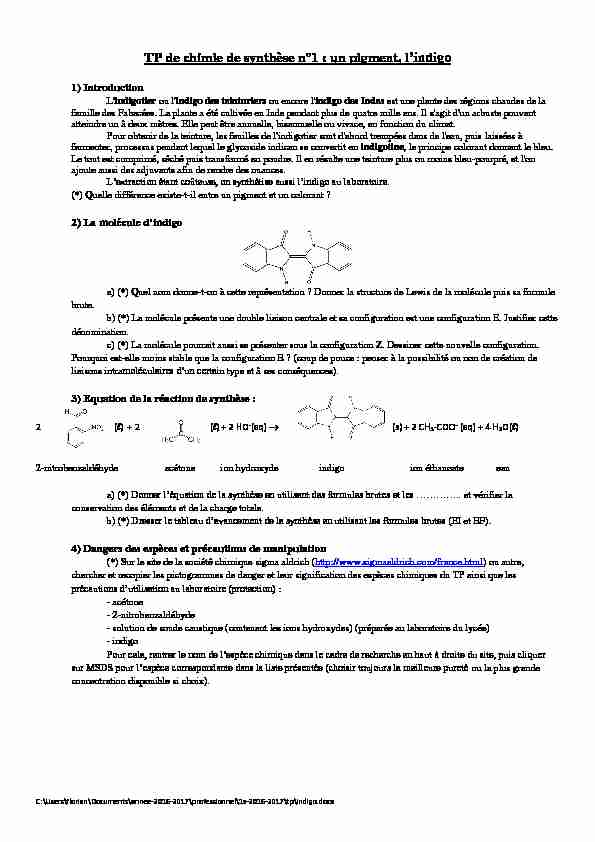TP de chimie de synthèse n°1 : un pigment lindigo
