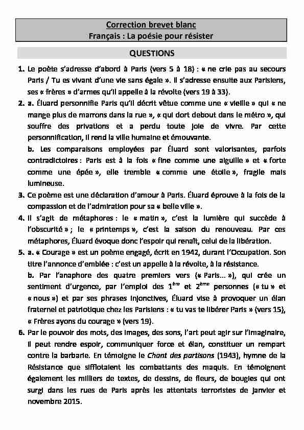 Correction brevet blanc Français : La poésie pour résister