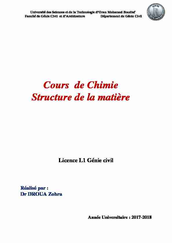 [PDF] Cours de Chimie Structure de la matière - USTO
