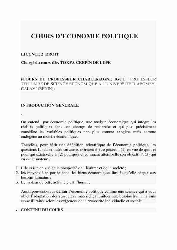 [PDF] cours deconomie politique - umeci