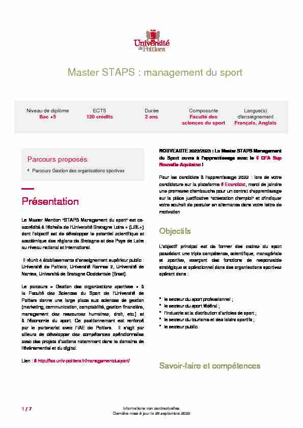[PDF] Master STAPS : management du sport Présentation