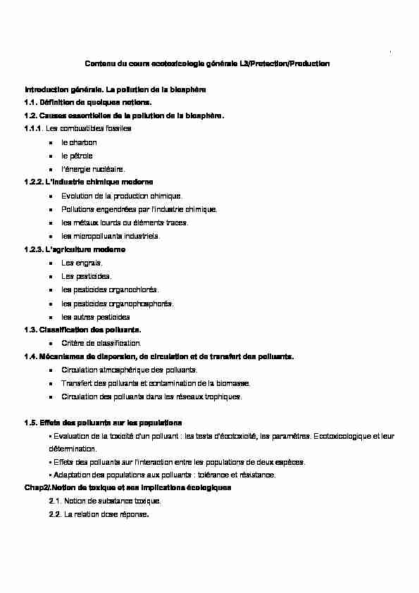 [PDF] Contenu du cours ecotoxicologie générale L3/Protection/Production