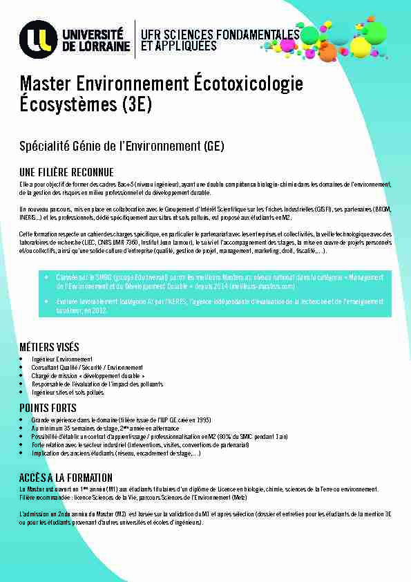 Master Environnement Écotoxicologie Écosystèmes (3E)