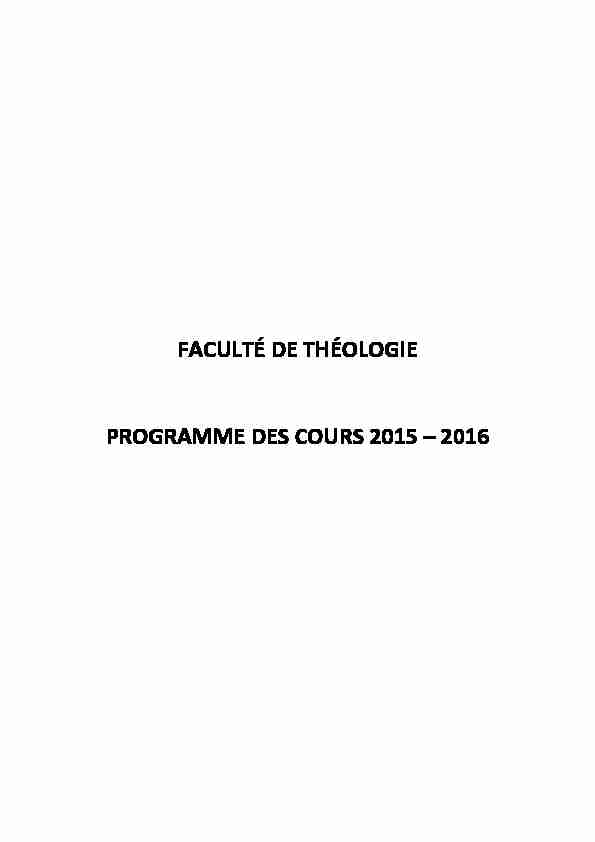 FACULTÉ DE THÉOLOGIE PROGRAMME DES COURS 2015 – 2016